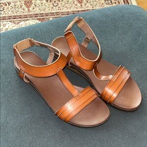 Women's Tan Leather T-Strap Sandals with Adjustable Ankle Strap